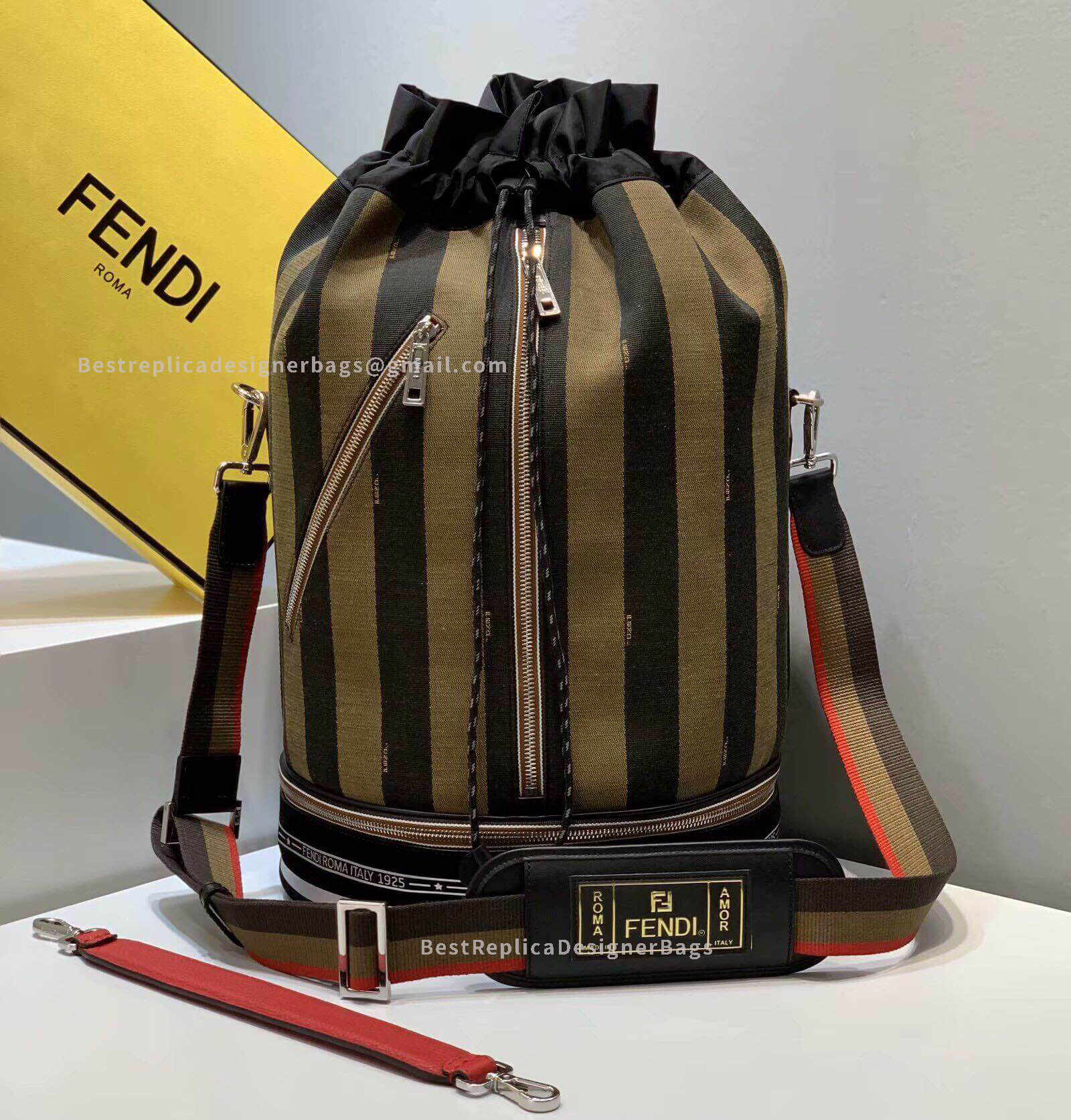 Fendi Mon Tresor Large Black And Brown Stripe Canvas Bag 033L